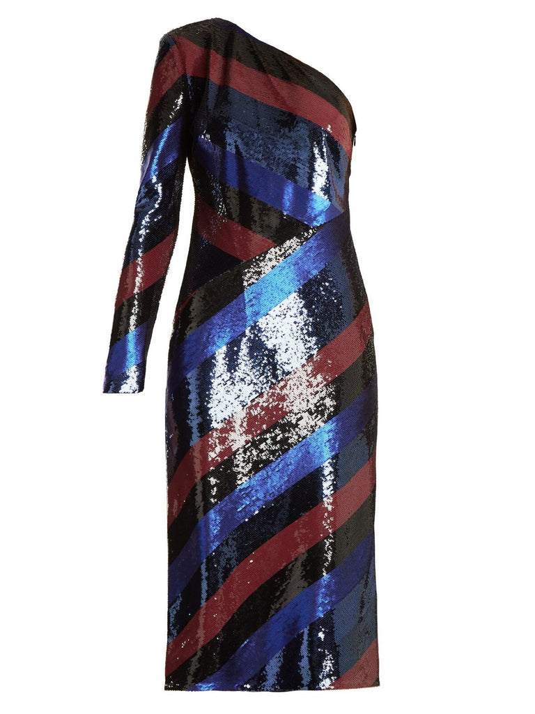 DVF NWT 2200 One Shoulder Bias Cut Striped Sequin Navy Multi Stripe Midi Dress 0