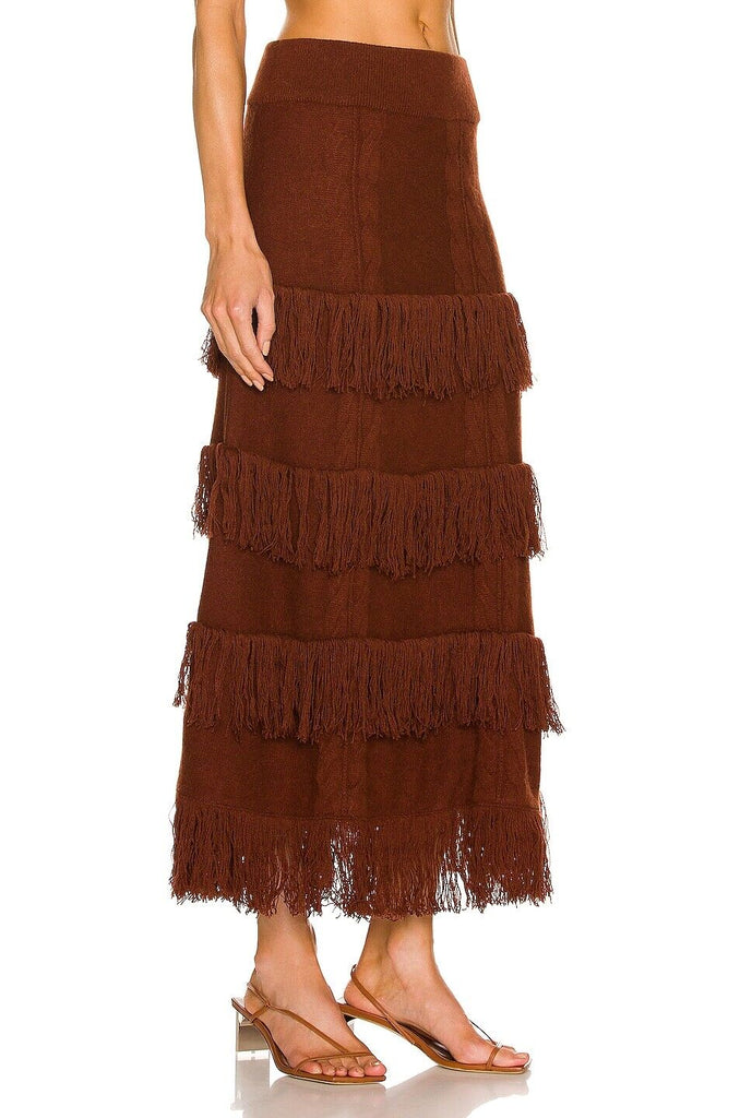 JOHANNA ORTIZ Brick No Doubts Brown Red Alpaca Wool Tiered Fringe Maxi Skirt XS