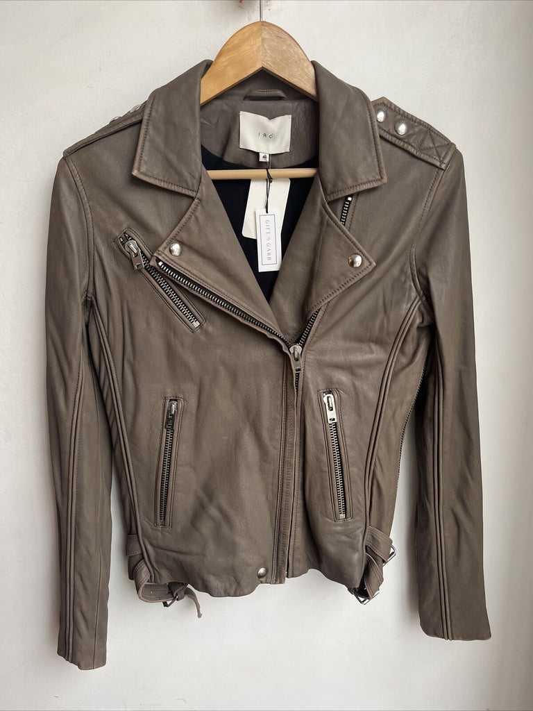 IRO NWT $1,275 Tara Brown Sand Taupe Gray Leather Zip Moto Biker Jacket 40/8/6