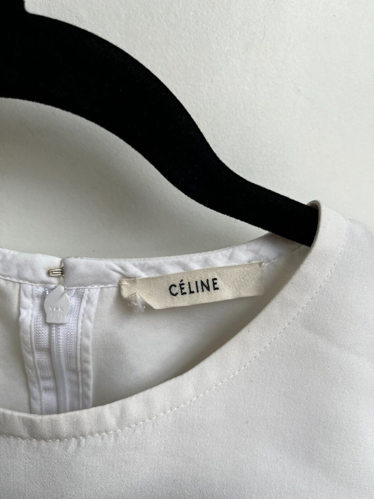 CELINE	White Cotton Silk Blend Single Pocket Black Stitch Short Sleeve Top 38/6