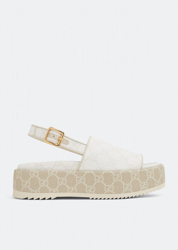 GUCCI Angelina White Beige GG Supreme Monogram Platform Slingback Sandal Shoe 36