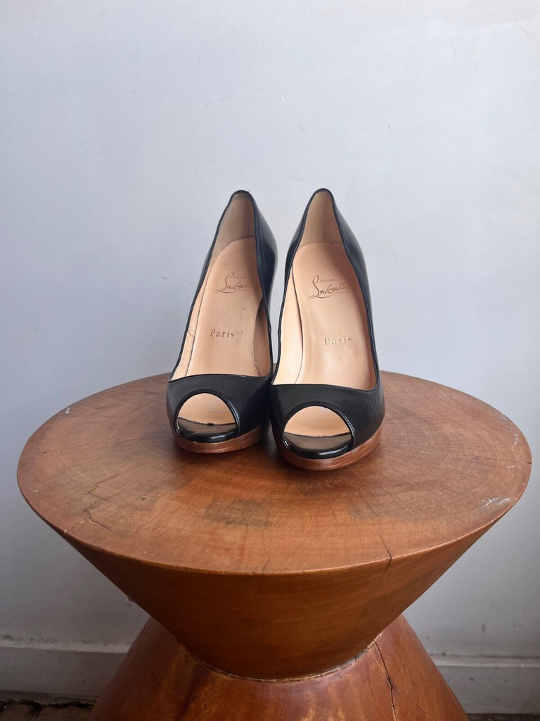 CHRISTIAN LOUBOUTIN Lady Black Leather Platform Peep Open Toe Stiletto Heels 37