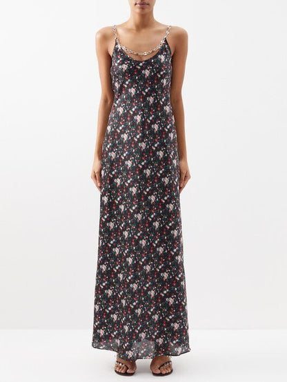 PACO RABANNE $820 Black Rose Floral Print Chain Mail Maxi Long Slip Dress 42/10