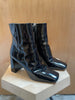 PRADA Black Patent Leather Square Toe Chunky Heel Ankle Bootie Boot 36