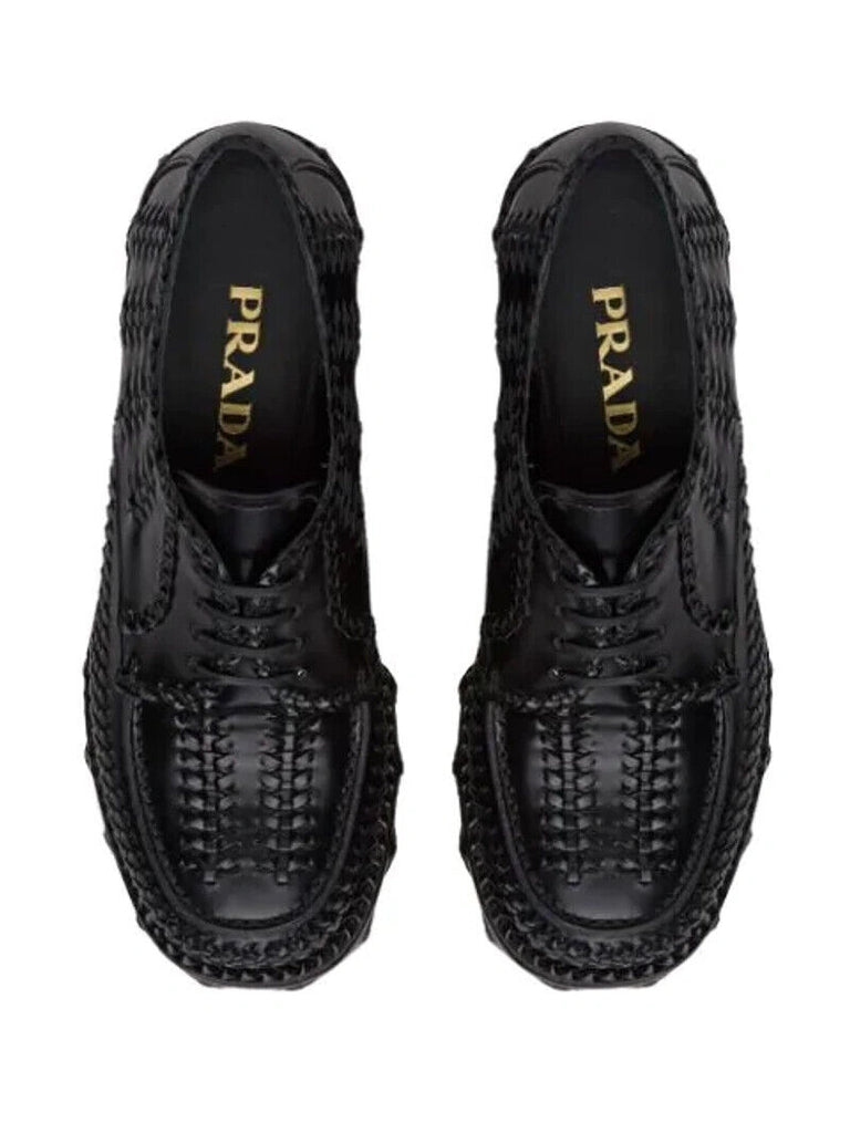 PRADA Black Woven 95mm Platform Woven Oxford Leather Loafer Wedge Brogues 36