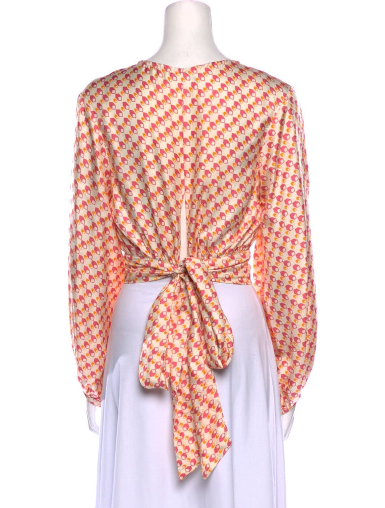 CIAO LUCIA White Pink Orange Geometric Printed Silk Tie Cropped Blouse Top S