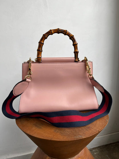 GUCCI NEW Nymphaea Pink Leather Bamboo Handle Web Stripe Shoulder Bag Purse