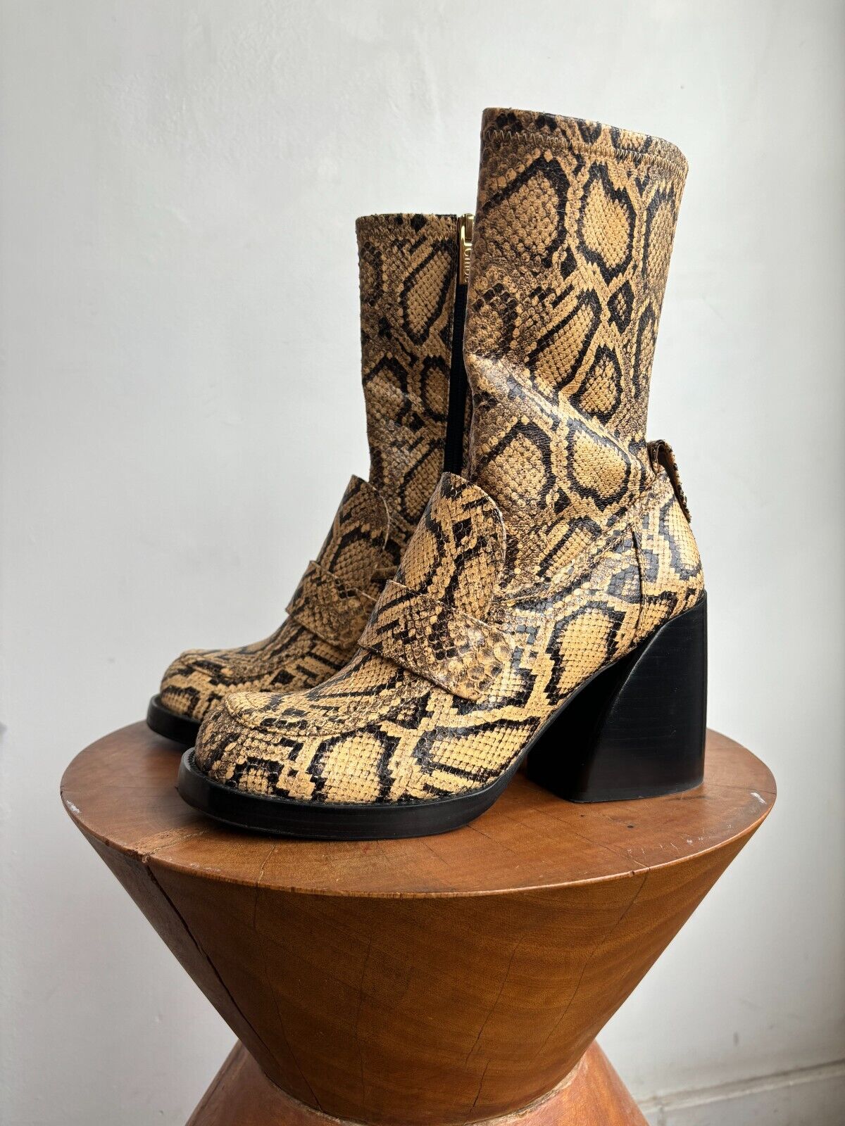 CHLOE Adelie Snakeskin Print Python Brown Beige Leather Ankle Calf Boots 37.5