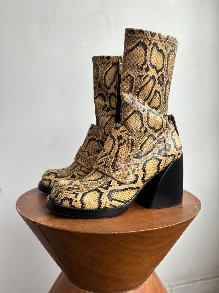 CHLOE Adelie Snakeskin Print Python Brown Beige Leather Ankle Calf Boots 37.5