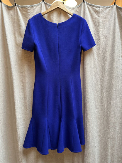 OSCAR DE LA RENTA Purple Crepe Wool Short Sleeve V Neck Fit & Flare Dress 2
