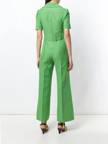 GUCCI Spring 18 Runway Cady Green Silk Wool Short Sleeve Belted Jumpsuit 38/2/0