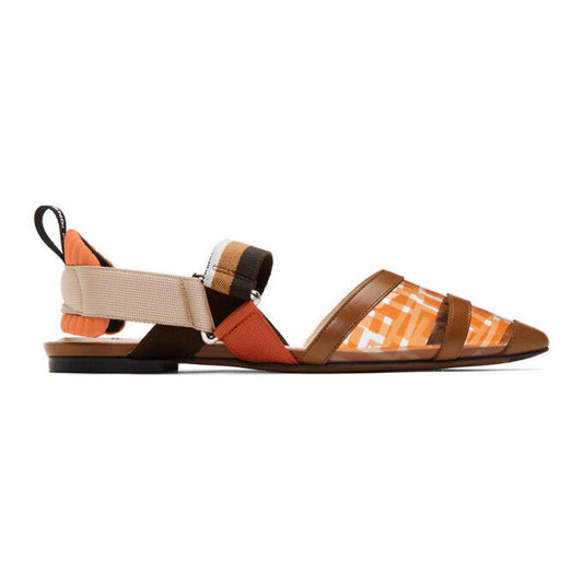 FENDI Colibri Orange Brown Logo PVC Plastic Zucca Monogram Web Slingback Flat 35