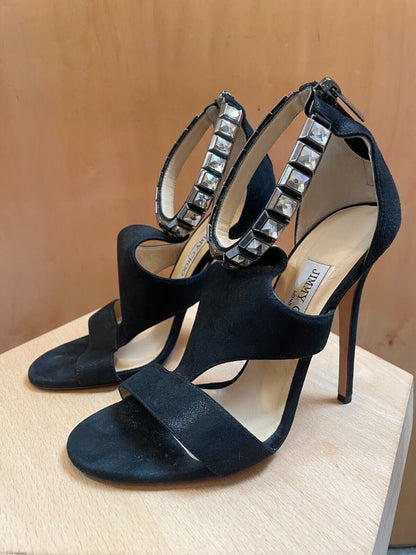 JIMMY CHOO Halo Black Suede Leather Rhinestone Shimmer Cut Out Stiletto Heel 38
