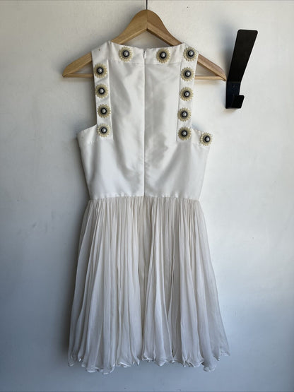 ALEXANDER MCQUEEN White Silk Plexi Flower-Embroidered Faille Mini Dress 40/2/4