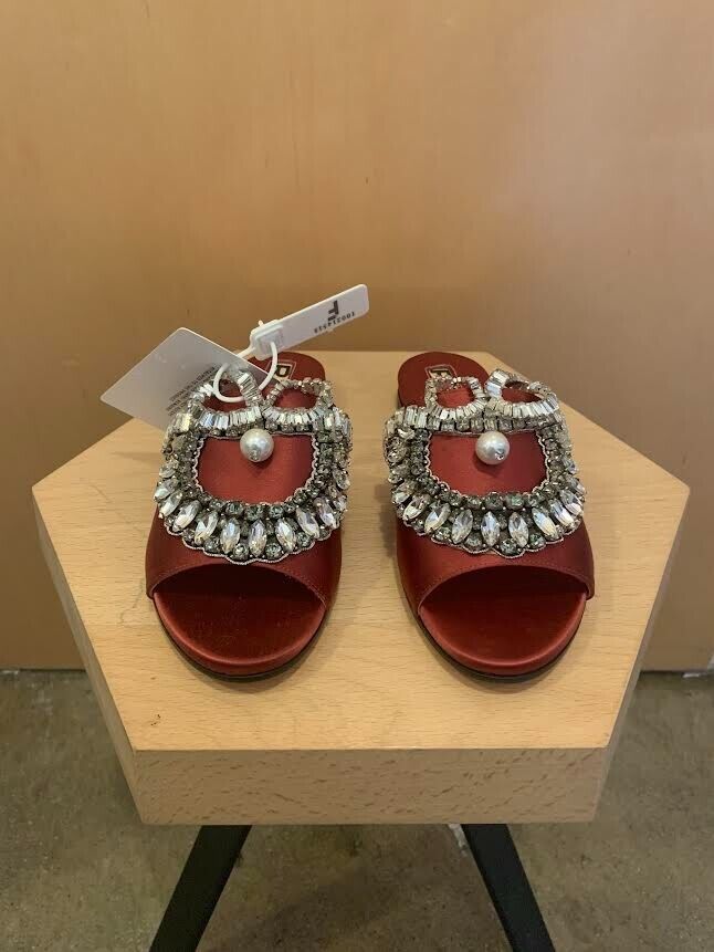 ROCHAS NWT $1,300 Berry Red Crystal/Pearl Embellished Silk Mule Flat Slide 35.5