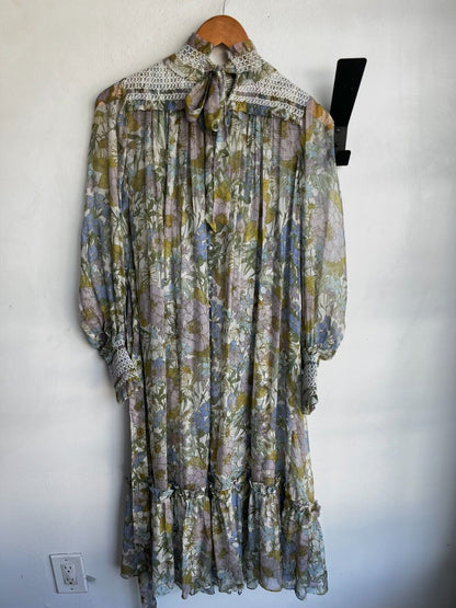 ZIMMERMANN NWT Super Eight Silk Floral Print Shirred Belted Bow Midi Dress 0/XS