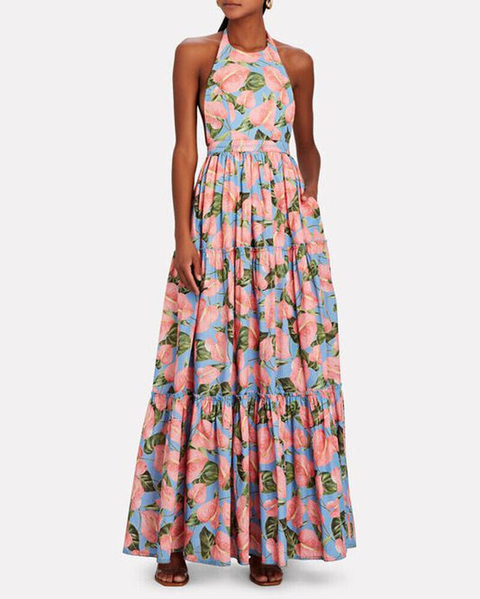 AGUA BY AGUA BENDITA Naranja Anturios Blue Pink Floral Print Halter Maxi Dress S