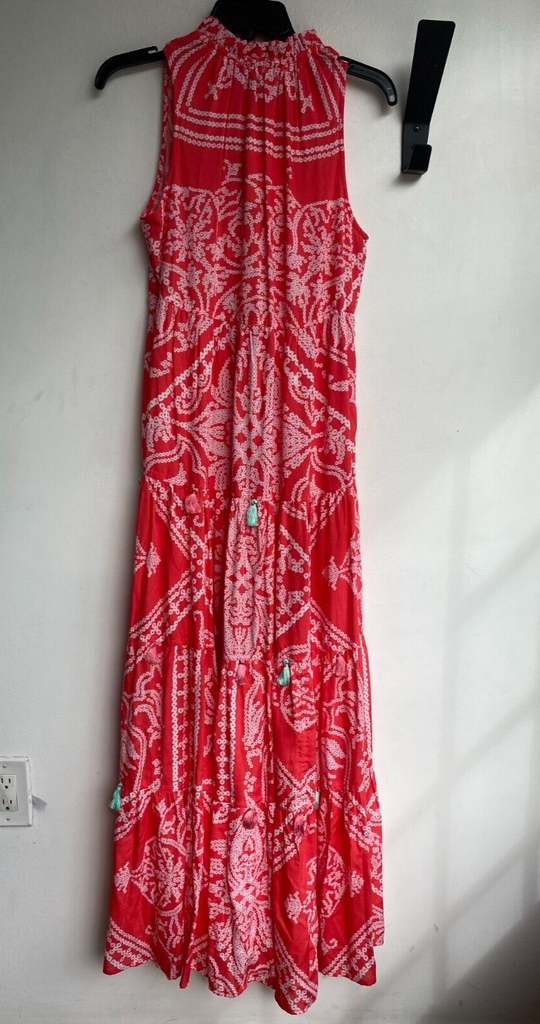 HEMANT & NANDITA NWT Native Coral Red Pink Print Beaded Tassel Maxi Dress S