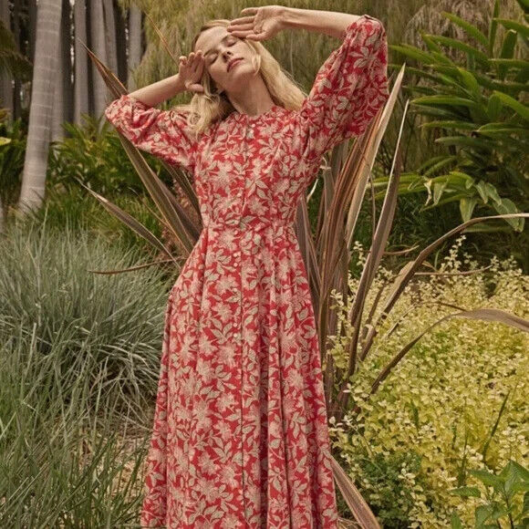 DOEN Edessa Red White Floral Jardin Majorelle Print Long Sleeve Midi Dress L
