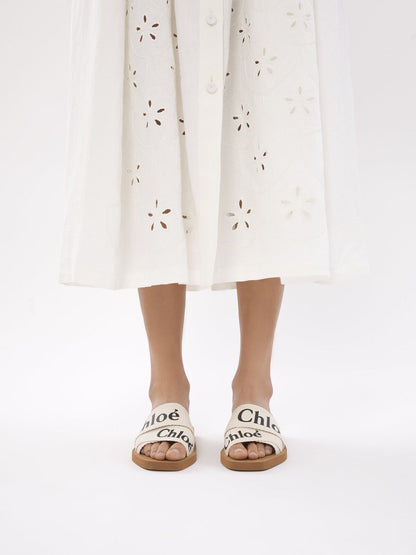 CHLOE Woody Off White Ivory Linen Ribbon Canvas Logo Criss Cross Sandal 37/7