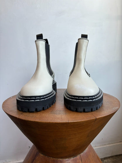 PROENZA SCHOULER White Black Stitch Leather Lug Sole Chelsea Ankle Boot 37.5