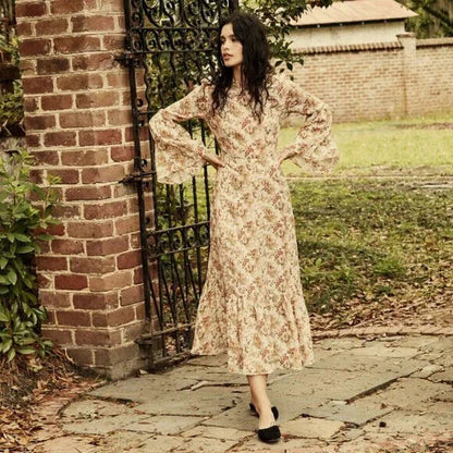 DOEN NWT Adelaide Beige Bell Sleeve Canyon Ruffle Floral Print Long Maxi Dress M