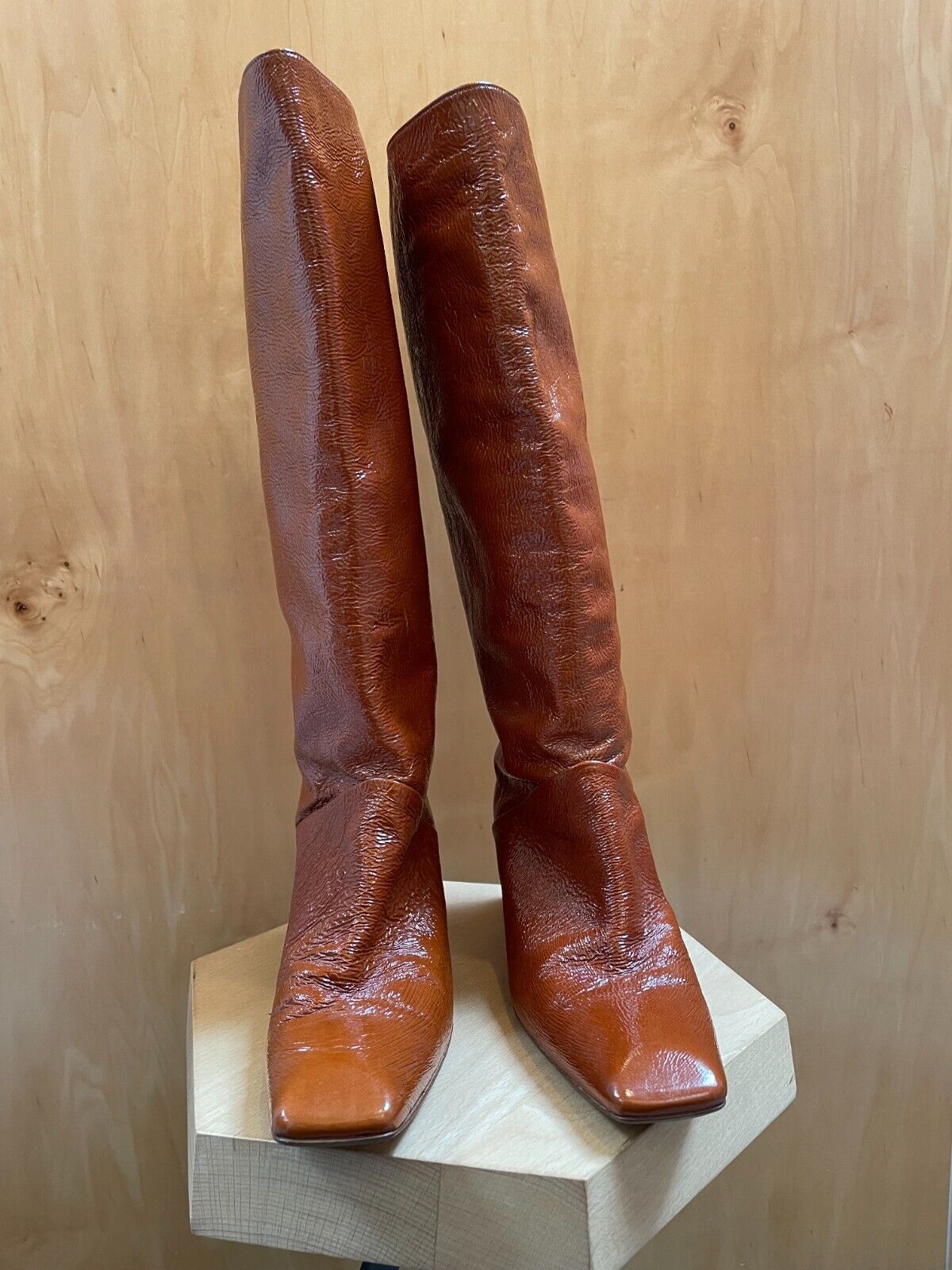 MIISTA Finola Tan Camel Brown Patent Leather Chunky Block Heel Knee High Boot 40