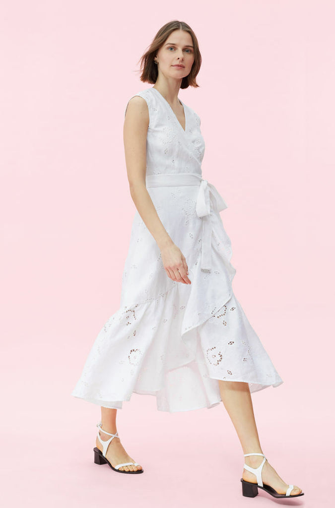 REBECCA TAYLOR NWT Terri Milk White Embroidery Eyelet Belt Midi Wrap Dress 0