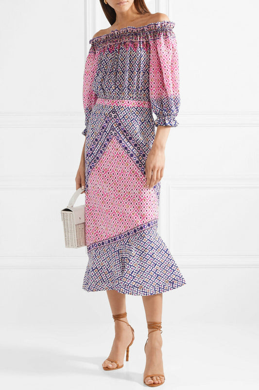 SALONI NWT Grace Pink Purple Paisley-Block Print Silk Off Shoulder Midi Dress 0