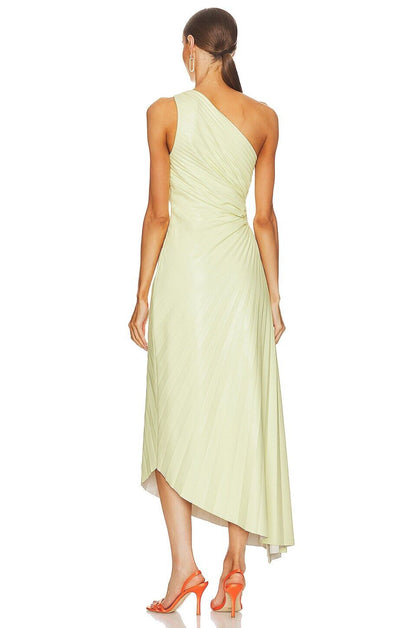 ALC A.L.C. Delfina Canary Yellow Vegan Faux Leather One Shoulder Pleated Dress M