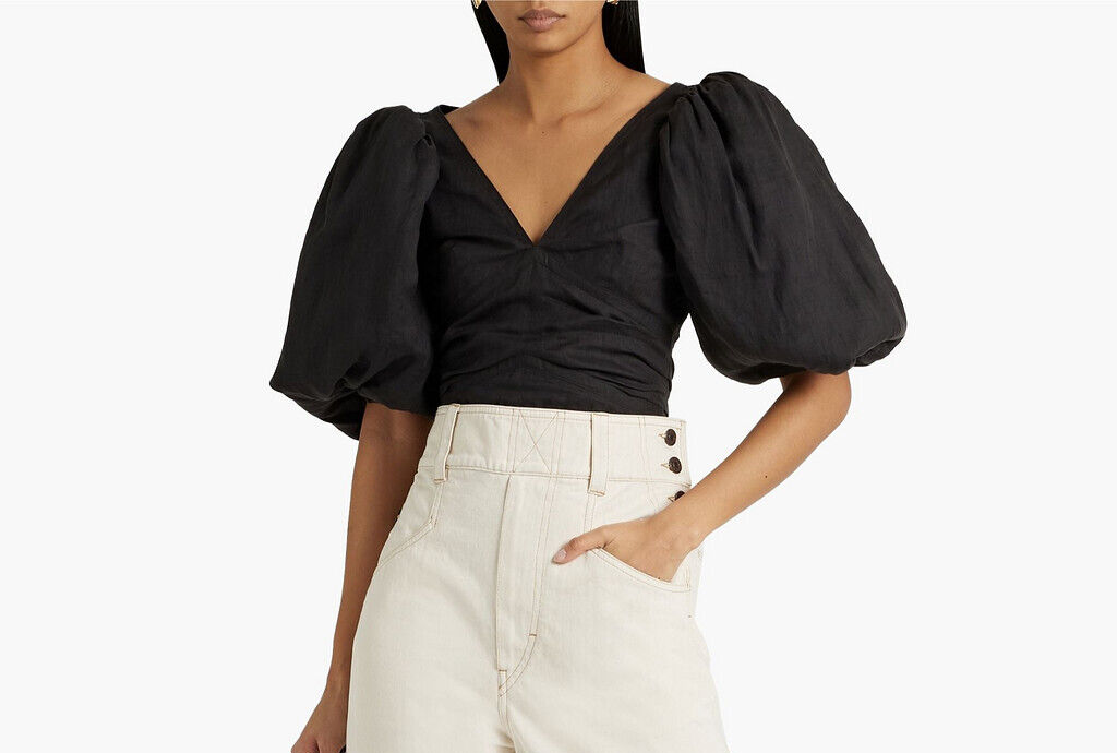 ISABEL MARANT Jaylee Black Gathered Ramie Linen Puff Sleeve Top Blouse 34/2/0