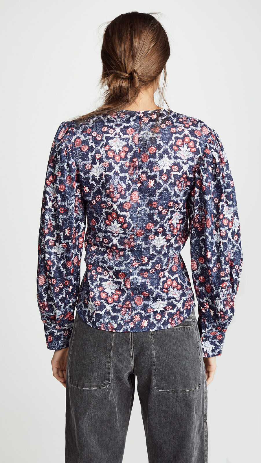ISABEL MARANT 400 Tilo Linen Midnight Blue Red Floral Print Mandarin Blouse 34/2