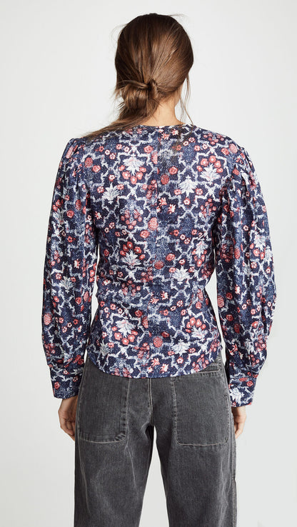 ISABEL MARANT 400 Tilo Linen Midnight Blue Red Floral Print Mandarin Blouse 34/2