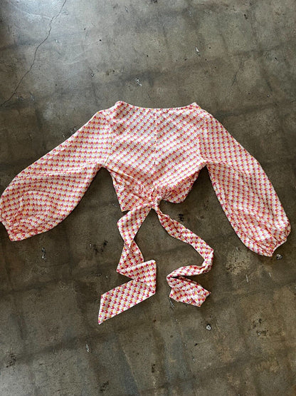 CIAO LUCIA White Pink Orange Geometric Printed Silk Tie Cropped Blouse Top S