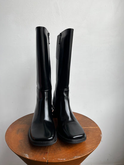 EYTYS Nova Black Patent Leather Square Toe Slant Heel Knee Calf High Boot 36