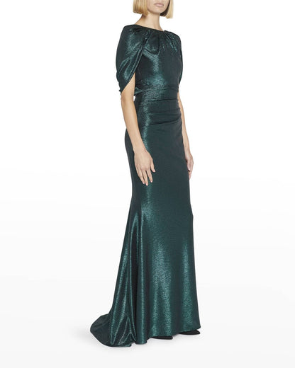 TALBOT RUNHOF $2200 Emerald Green Metallic Mirrorball Capelet Maxi Gown Dress 2