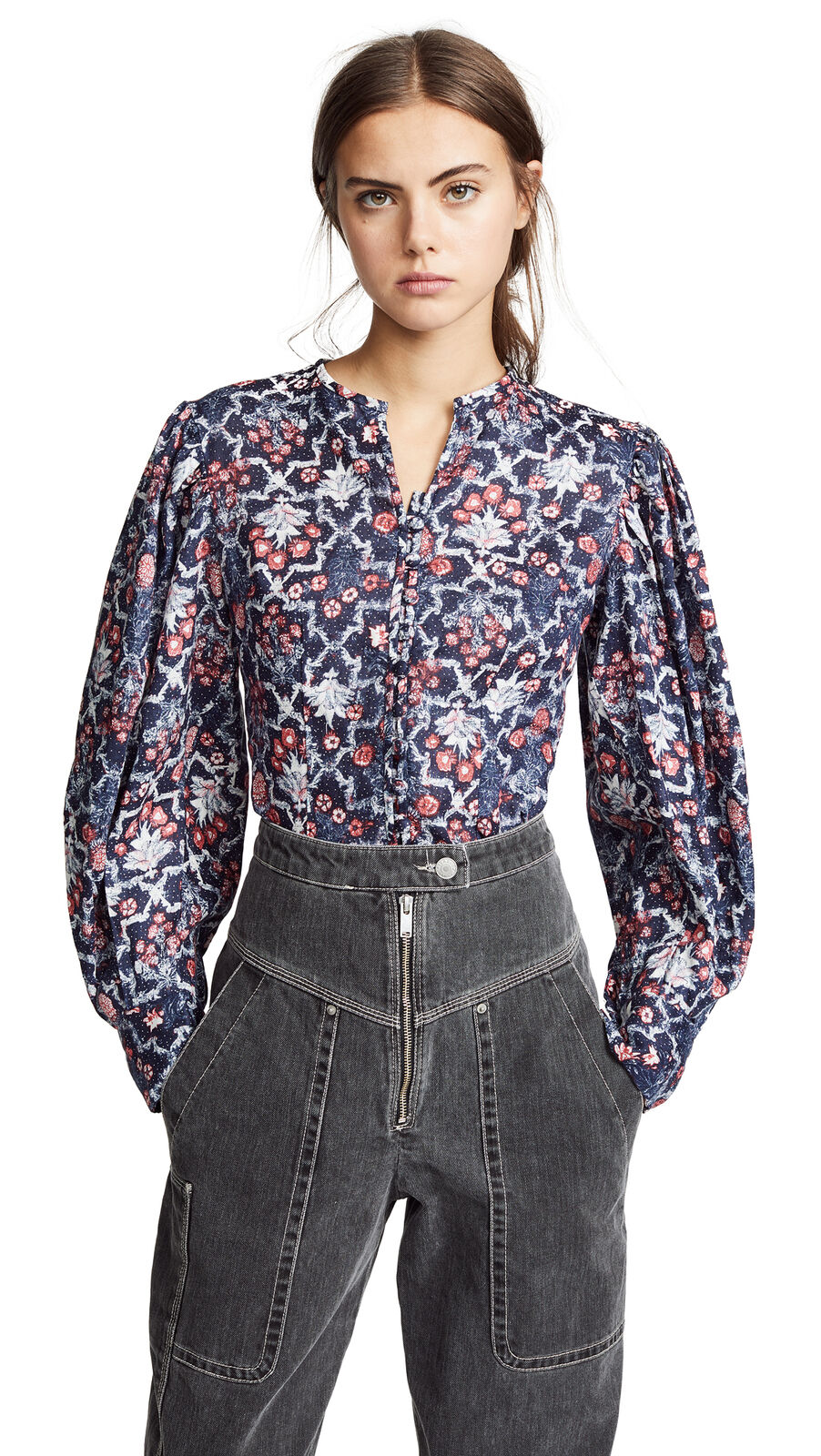 ISABEL MARANT 400 Tilo Linen Midnight Blue Red Floral Print Mandarin Blouse 34/2