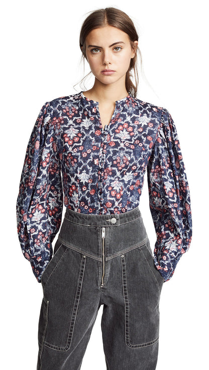 ISABEL MARANT 400 Tilo Linen Midnight Blue Red Floral Print Mandarin Blouse 34/2