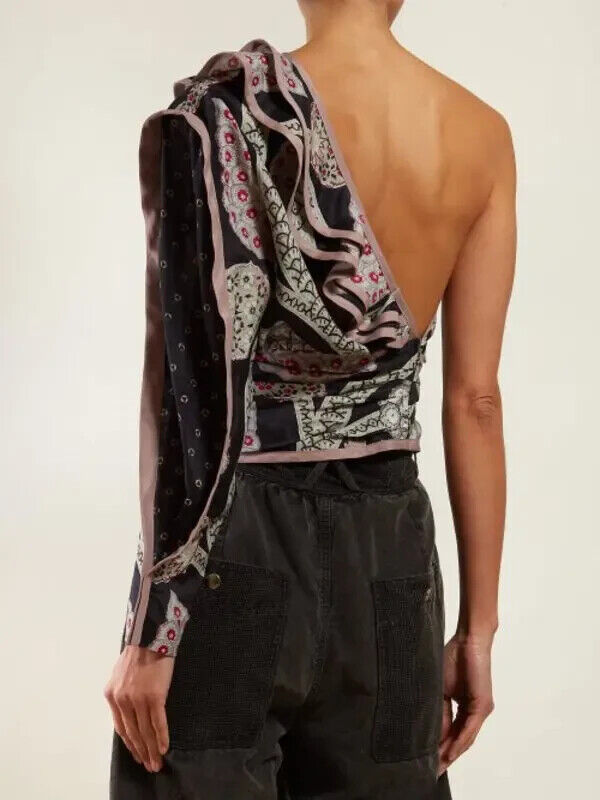 ISABEL MARANT SS19 Joren Black Pink Grey Floral Print One Shoulder Blouse 34/0/2