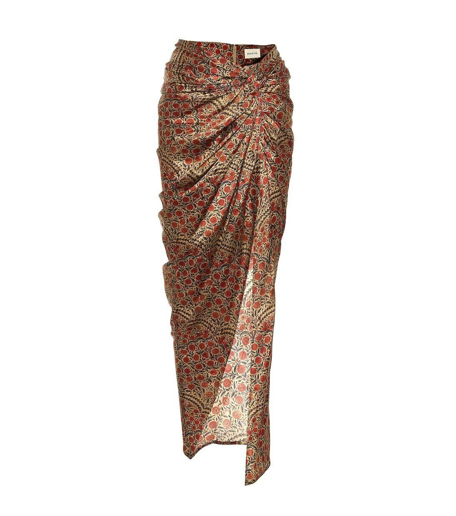 KHAITE NEW $1200 Louie Beige Red Satin Paisley Floral Print Ruched Midi Skirt 0