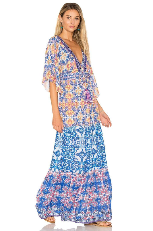 HEMANT & NANDITA NWT Deep Vneck Multicolor Print Sequin Tassel Maxi Long Dress S