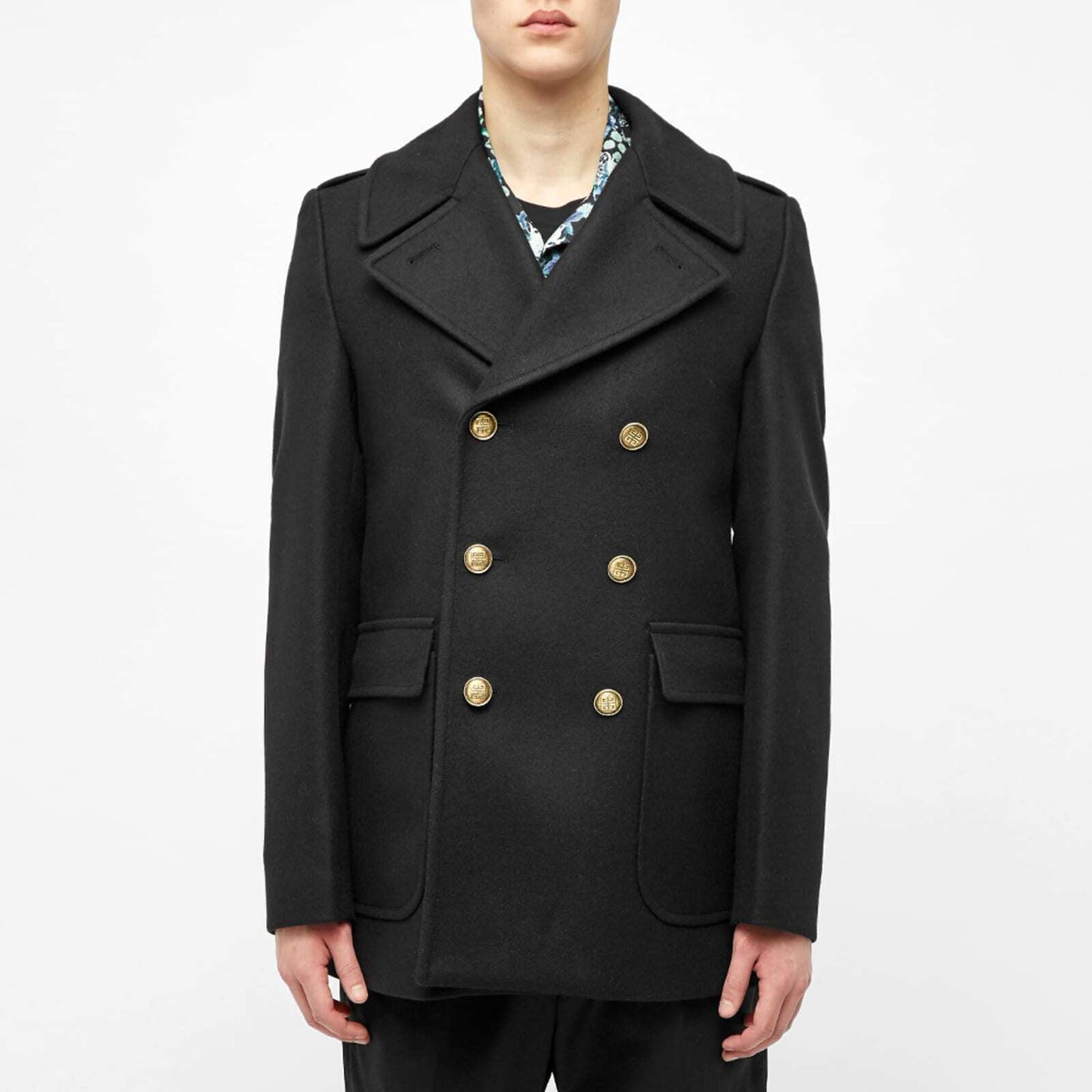 GIVENCHY Men's Black Wool Gold Button Double Breasted Jacket Pea Coat 48/M