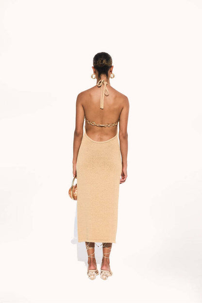 CULT GAIA Chaya Beige Brown Tan Knit Chain Halter Bodycon Midi Dress XS/S