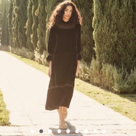 DOEN Viviana Black Velvet Smocked Belted Long Sleeve Midi Maxi Long Dress XS