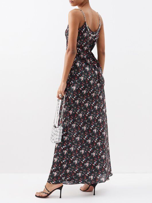 PACO RABANNE $820 Black Rose Floral Print Chain Mail Maxi Long Slip Dress 42/10