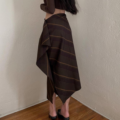 YOHJI YAMAMOTO Y's Vtg Brown Asymmetrical Maxi Wrap Draped Plaid Skirt 4/L/XL