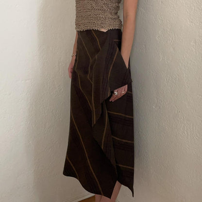 YOHJI YAMAMOTO Y's Vtg Brown Asymmetrical Maxi Wrap Draped Plaid Skirt 4/L/XL