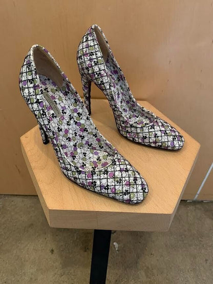 BOTTEGA VENETA Green Purple White Floral Print Quilted Leather Heel Stiletto 38
