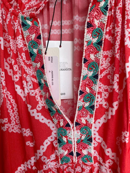 HEMANT & NANDITA NWT Native Coral Red Pink Print Beaded Tassel Maxi Dress S