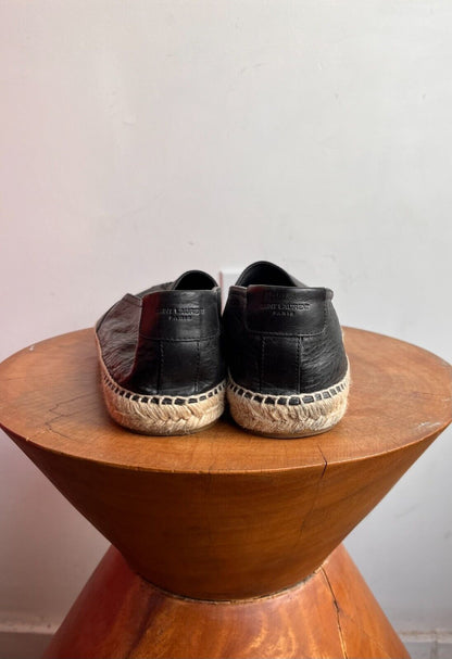 SAINT LAURENT YSL Men's Black Pebbled Leather Raffia Strap Espadrille Flats 42.5
